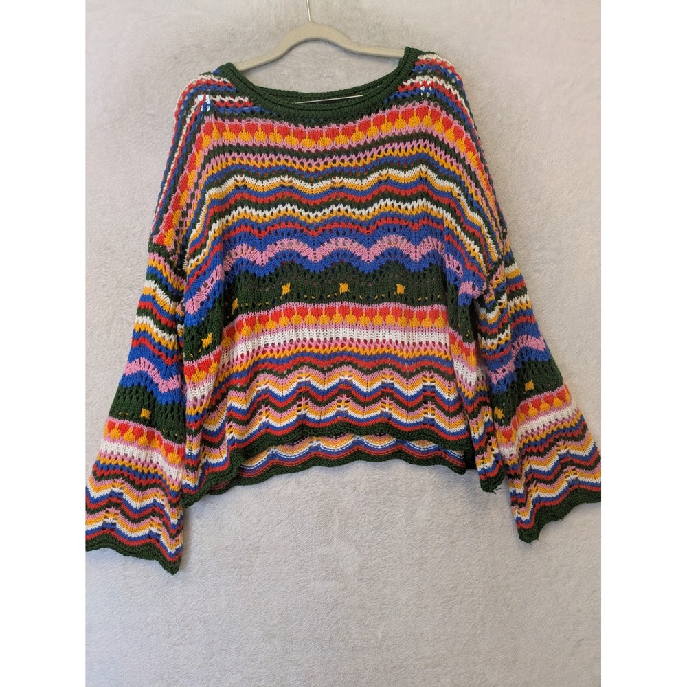 SHEIN Crochet Sweater Women's S Multicolor Chevron Knit Bell Sleeve